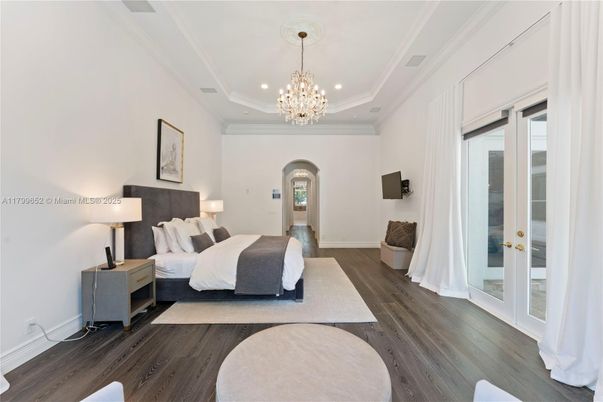 Bedroom, Chandelier, Interior, Recessed Lighting, Wood Texture Flooring
