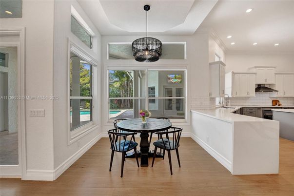 Dining room, Interior, Kitchen, Pendant Lights, Recessed Lighting, Wood Texture Flooring