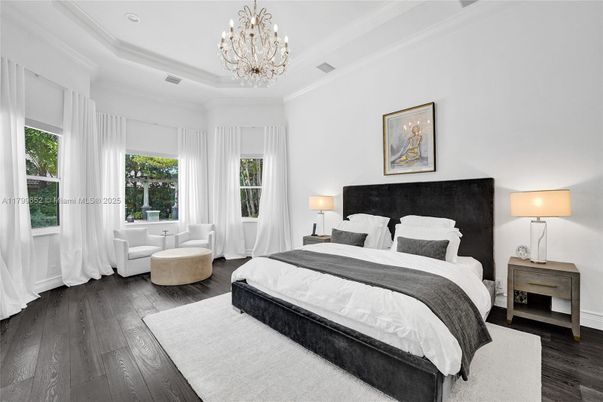 Bedroom, Chandelier, Interior, Recessed Lighting, Wood Texture Flooring