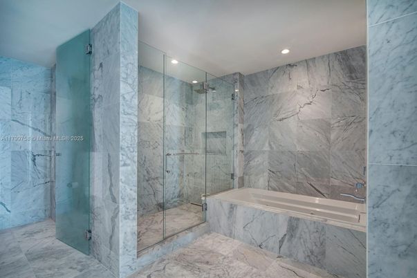 Bathroom, Glass Shower, Interior, Marble, Marble Walls, Recessed Lighting