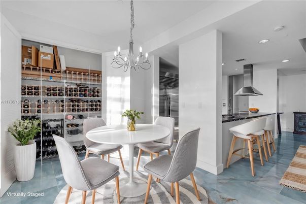 Chandelier, Dining room, Interior, Kitchen, Recessed Lighting, Stainless Steel Appliances, Wine Storage