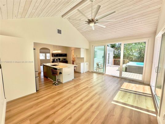 Empty room, Interior, Kitchen, Pendant Lights, Wooden Ceilings, Wood Texture Flooring
