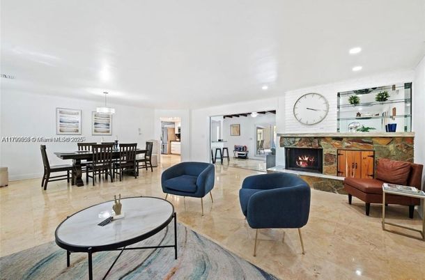 Dining room, Fireplace, Interior, Living room, Pendant Lights, Recessed Lighting