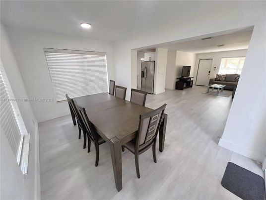 Dining room, Interior, Recessed Lighting, Wood Texture Flooring