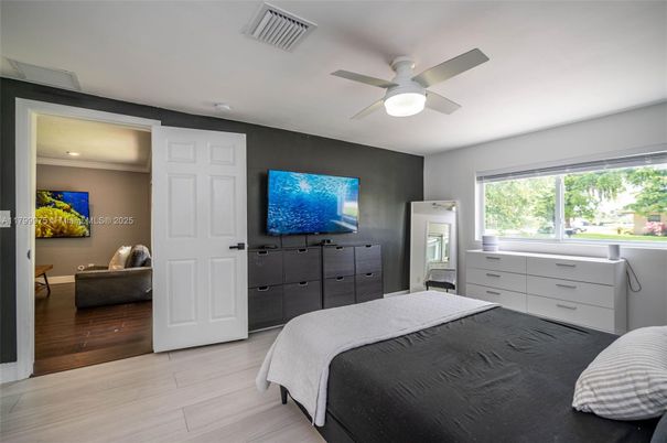 Bedroom, Interior, Recessed Lighting, Wood Texture Flooring