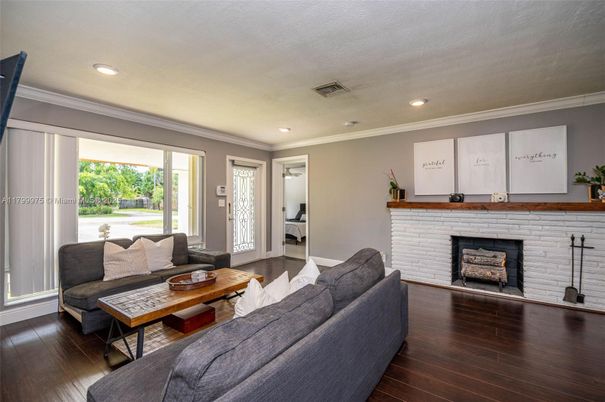 Fireplace, Interior, Living room, Recessed Lighting, Wood Texture Flooring