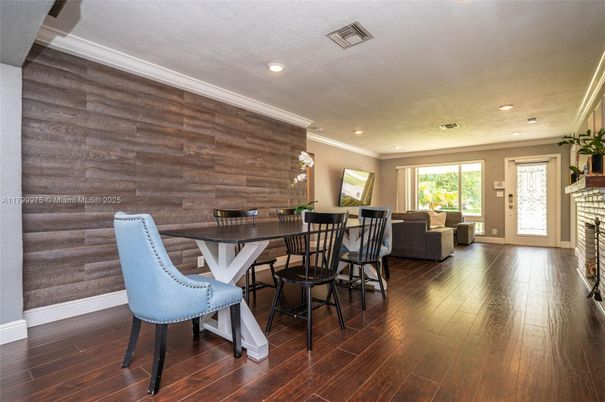 Dining room, Fireplace, Interior, Living room, Recessed Lighting, Wood Texture Flooring, Wooden Walls