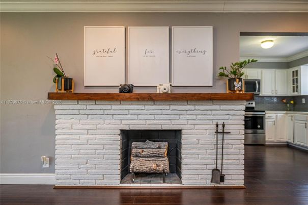 Fireplace, Interior, Kitchen, Stone Walls, Wood Texture Flooring