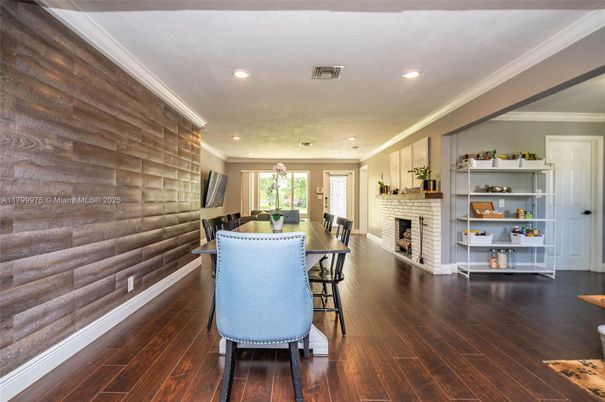 Dining room, Fireplace, Interior, Recessed Lighting, Wood Texture Flooring, Wooden Walls
