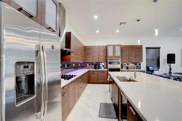 Interior, Kitchen, Marble, Pendant Lights, Recessed Lighting, Stainless Steel Appliances