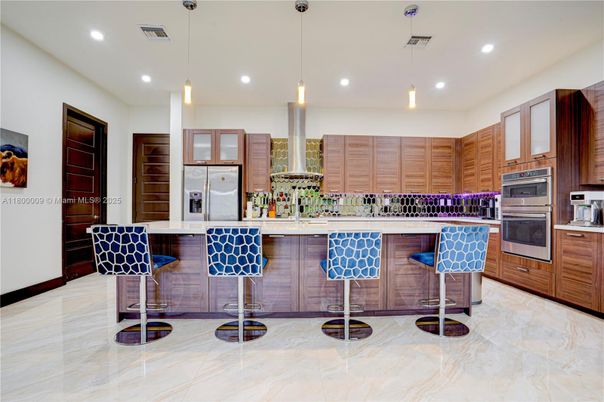 Interior, Kitchen, Marble, Pendant Lights, Recessed Lighting, Stainless Steel Appliances
