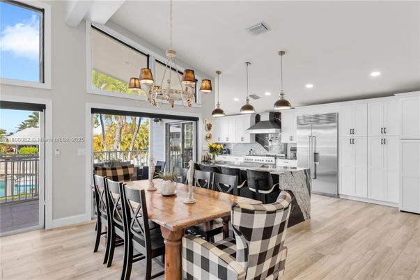 Dining room, Interior, Kitchen, Pendant Lights, Recessed Lighting, Stainless Steel Appliances, Wood Texture Flooring