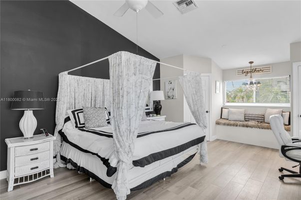 Bedroom, Interior, Pendant Lights, Wood Texture Flooring