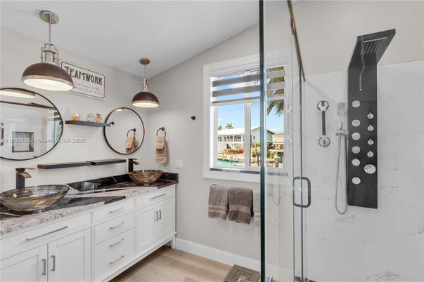 Bathroom, Glass Shower, Interior, Marble Walls, Pendant Lights, Wood Texture Flooring