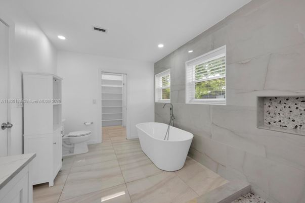 Bathroom, Free Standing Baths, Interior, Marble Walls, Recessed Lighting