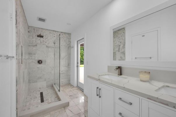 Bathroom, Dual Sink Vanities, Glass Shower, Interior, Marble, Marble Walls