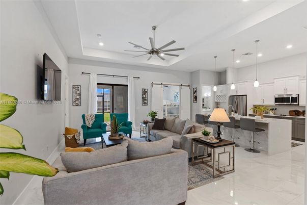 Interior, Kitchen, Living room, Marble, Pendant Lights, Recessed Lighting, Stainless Steel Appliances
