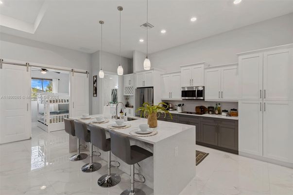 Interior, Kitchen, Marble, Pendant Lights, Recessed Lighting, Stainless Steel Appliances