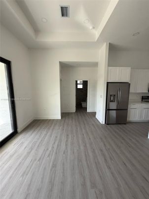Empty room, Interior, Kitchen, Recessed Lighting, Wood Texture Flooring