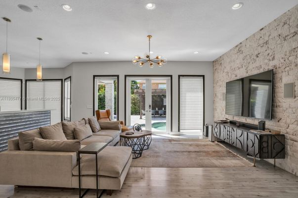 Interior, Living room, Pendant Lights, Recessed Lighting, Stone Walls, Wood Texture Flooring