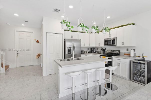Interior, Kitchen, Marble, Pendant Lights, Recessed Lighting, Stainless Steel Appliances