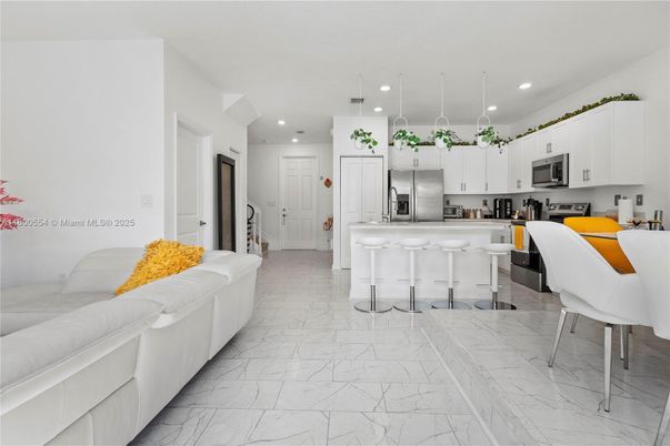 Interior, Kitchen, Marble, Pendant Lights, Recessed Lighting, Stainless Steel Appliances