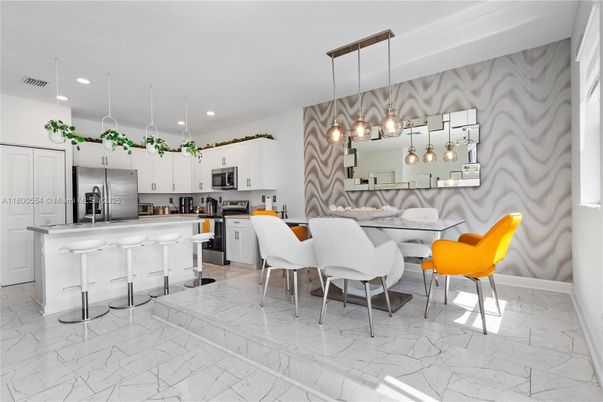 Dining room, Interior, Kitchen, Marble, Pendant Lights, Recessed Lighting, Stainless Steel Appliances