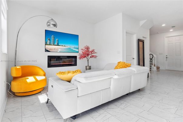 Fireplace, Interior, Living room, Marble, Recessed Lighting