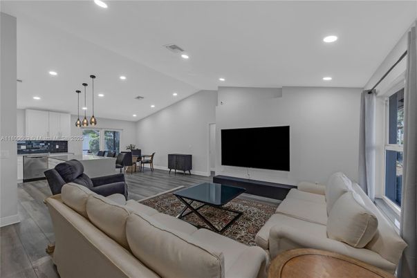 Dining room, Interior, Kitchen, Living room, Pendant Lights, Recessed Lighting, Wood Texture Flooring