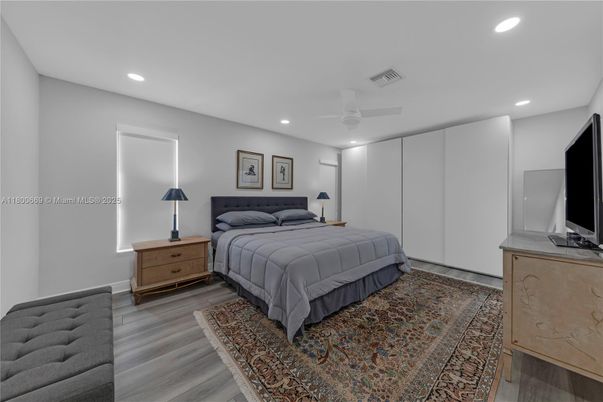 Bedroom, Interior, Recessed Lighting, Wood Texture Flooring
