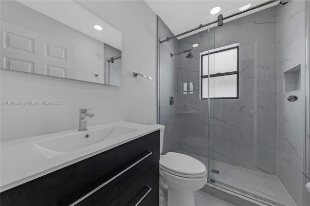 Bathroom, Glass Shower, Interior, Marble, Marble Walls, Recessed Lighting