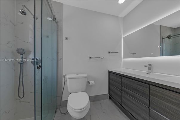 Bathroom, Glass Shower, Interior, Marble, Marble Walls, Recessed Lighting