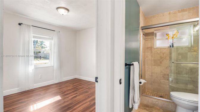Bathroom, Glass Shower, Interior, Wood Texture Flooring