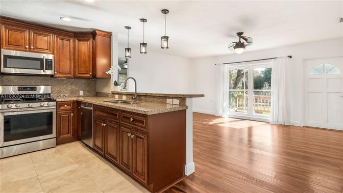 Interior, Kitchen, Pendant Lights, Recessed Lighting, Stainless Steel Appliances, Wood Texture Flooring