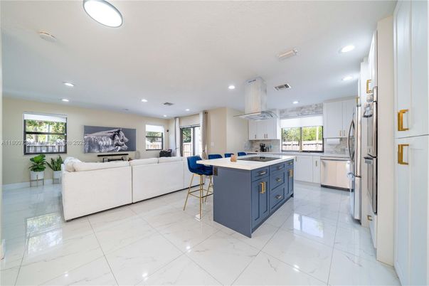 Interior, Kitchen, Living room, Marble, Recessed Lighting, Stainless Steel Appliances
