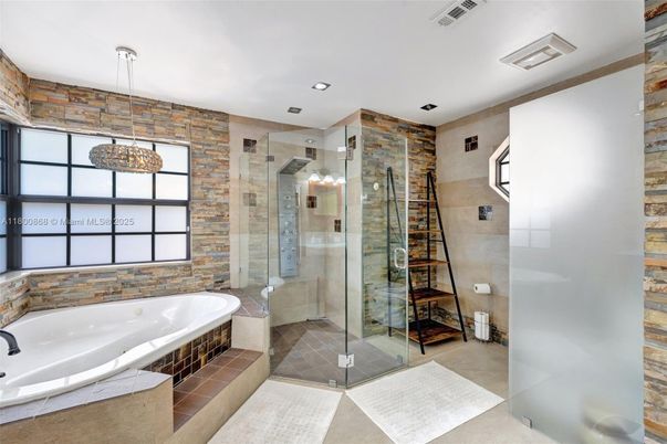 Bathroom, Glass Shower, Interior, Pendant Lights, Recessed Lighting, Stone Walls