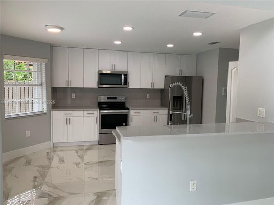Interior, Kitchen, Marble, Recessed Lighting, Stainless Steel Appliances