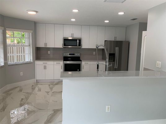Interior, Kitchen, Marble, Recessed Lighting, Stainless Steel Appliances