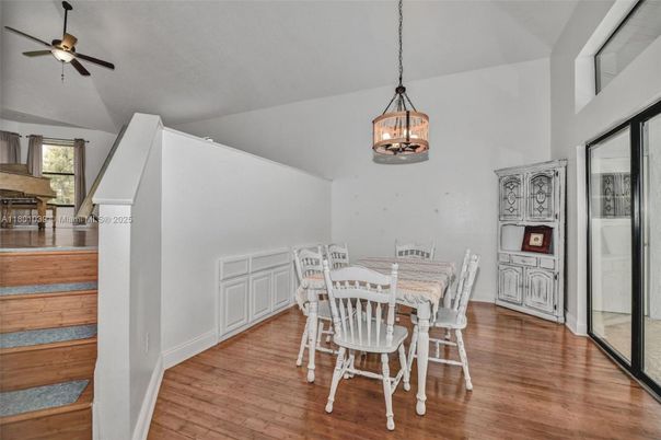 Dining room, Interior, Pendant Lights, Wood Texture Flooring