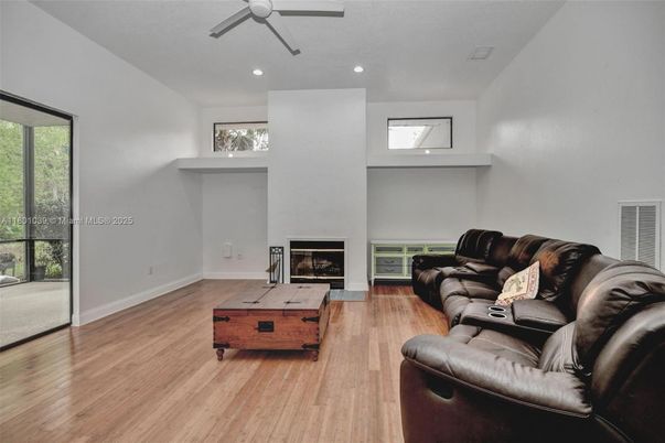Fireplace, Interior, Living room, Recessed Lighting, Wood Texture Flooring