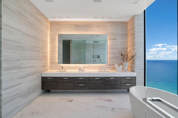 Bathroom, Dual Sink Vanities, Free Standing Baths, Interior, Marble, Recessed Lighting, Water