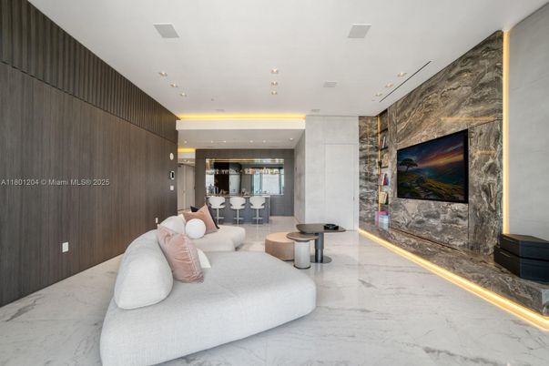 Fireplace, Interior, Living room, Marble, Recessed Lighting, Stone Walls