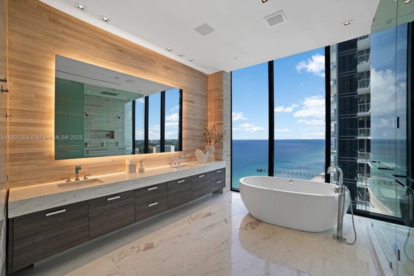Bathroom, Dual Sink Vanities, Free Standing Baths, Interior, Marble, Recessed Lighting, Water