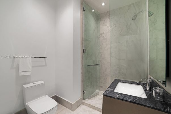 Bathroom, Glass Shower, Interior, Marble, Marble Walls, Recessed Lighting