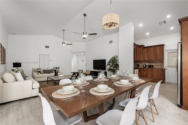 Dining room, Interior, Living room, Pendant Lights, Recessed Lighting, Wood Texture Flooring