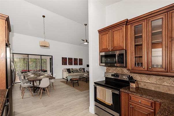 Dining room, Interior, Kitchen, Living room, Pendant Lights, Wood Texture Flooring