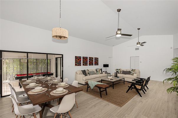 Dining room, Interior, Living room, Pendant Lights, Wood Texture Flooring