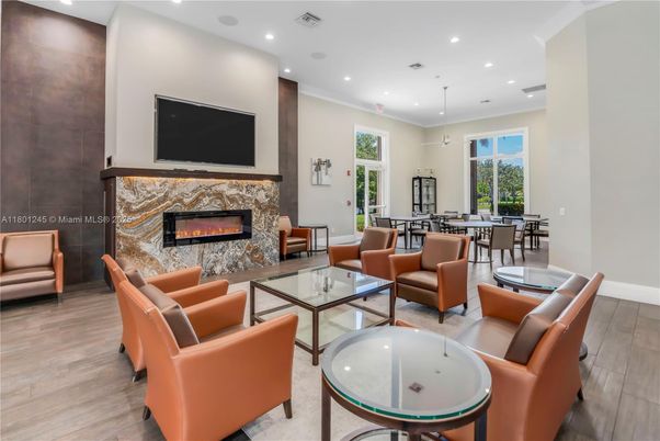 Dining room, Fireplace, Interior, Living room, Pendant Lights, Recessed Lighting, Wood Texture Flooring