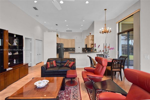 Chandelier, Dining room, Interior, Kitchen, Living room, Recessed Lighting, Wood Texture Flooring
