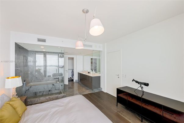 Bathroom, Bedroom, Glass Shower, Interior, Pendant Lights, Recessed Lighting, Wood Texture Flooring